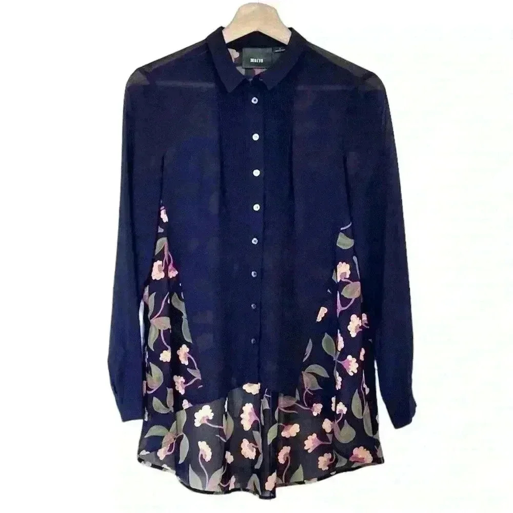 Anthropologie Maeve Sheer Floral Blouse‎ Tunic | Navy Blue | SZ 0